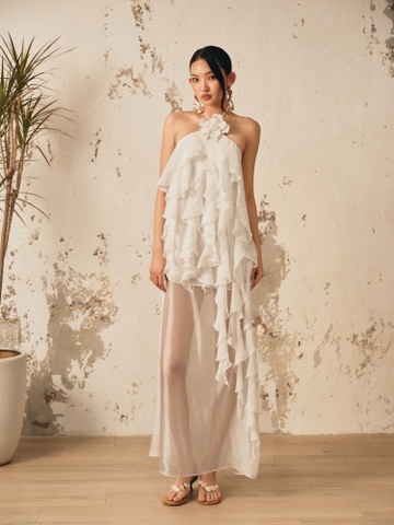 WHITE RUFFLE CHIFFON MAXI
