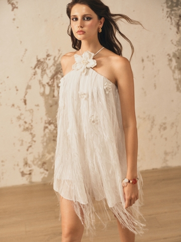 WHITE FRINGE HALTER DRESS