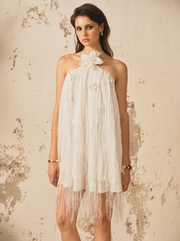 WHITE FRINGE HALTER DRESS