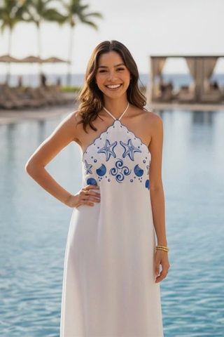 WHITE LINEN HALTER NECK DRESS