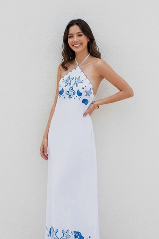 WHITE LINEN HALTER NECK DRESS