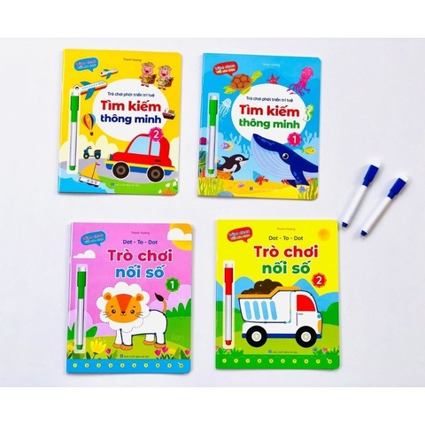 Bộ trò chơi phát triển trí tuệ ( Trò chơi nối số và trò chơi tìm kiếm bộ 4 cuốn tặng kèm 2 bút có đầu xóa)