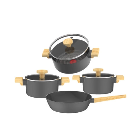 Bộ nồi chống dính vân gỗ Elmich Nature EL-5206BK04 size 18, 20, 24 chảo 26cm