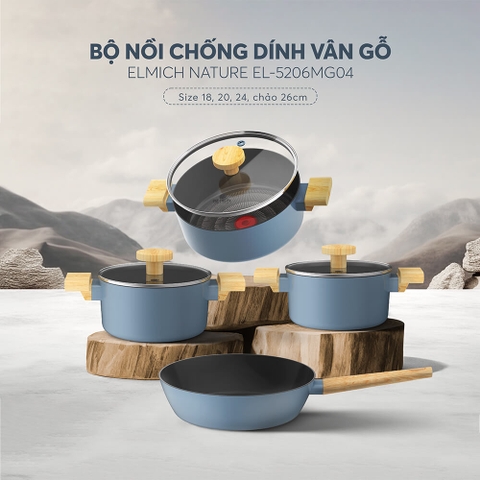 Bộ nồi chống dính vân gỗ Elmich Nature EL-5206MG04 size 18, 20, 24 chảo 26cm