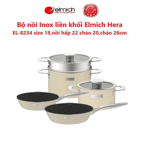 Bộ nồi Inox liền khối Elmich Hera size 18, nối hấp 22 chảo 20, chảo 26cm