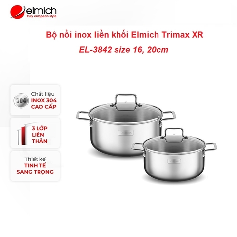 Bộ nồi Inox 304 cao cấp 3 đáy liền khối Elmich Trimax XR EL-3842 size 16, 20cm