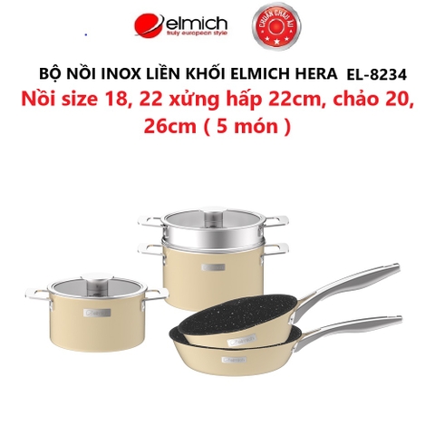 Bộ nồi Inox liền khối Elmich Hera size 18, nối hấp 22 chảo 20, chảo 26cm