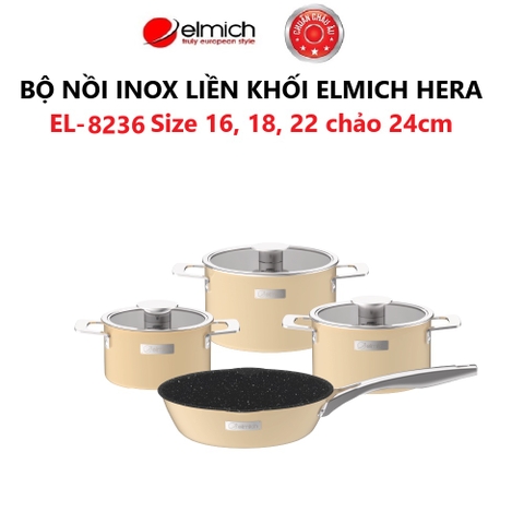 Bộ nồi Inox liền khối Elmich Hera Size 16, 18, 22, chảo 24cm