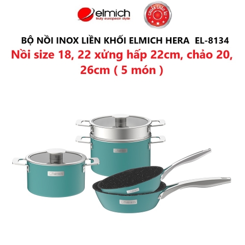 Bộ nồi Inox liền khối Elmich Hera size 18, nối hấp 22 chảo 20, chảo 26cm