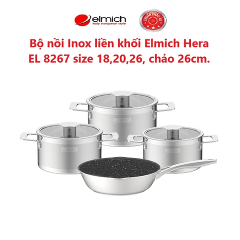Bộ nồi Inox liền khối Elmich Hera EL 8267 size 18,20,26, chảo 26cm