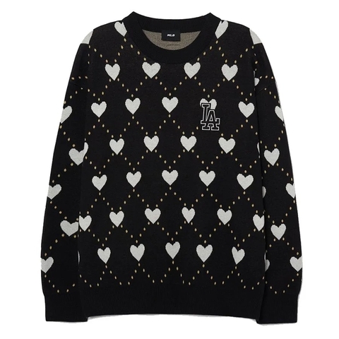 Áo MLB Sweater Black Monogram Heart LA 3KAPH0131GP001