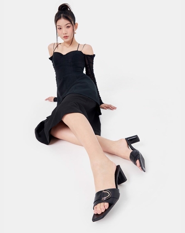Giày Mules Hở Mũi Phối Khóa Trang Trí
