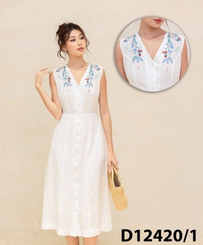 Đầm Tiệc Phom Chiết Eo Linen Dài Qua Gối Thêu Họa Tiết - D12420/1
