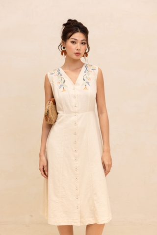 Đầm Tiệc Phom Chiết Eo Linen Dài Qua Gối Thêu Họa Tiết - D12420/1