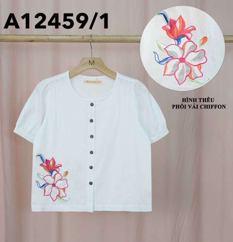 Áo Kiểu Linen Tay Lở Thêu Phối Vải Chifon - A12459/1