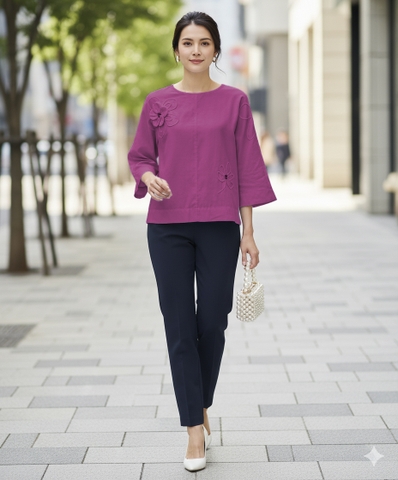 M COLLECTION | Áo Kiểu Nữ Trung Niên Tặng Mẹ, Bà Tơ Cotton Thêu Hoa Cổ Tròn Tay Lỡ Thanh Lịch A12864LW01