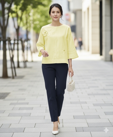 M COLLECTION | Áo Kiểu Nữ Trung Niên Tặng Mẹ, Bà Tơ Cotton Thêu Hoa Cổ Tròn Tay Lỡ Thanh Lịch A12864LW01