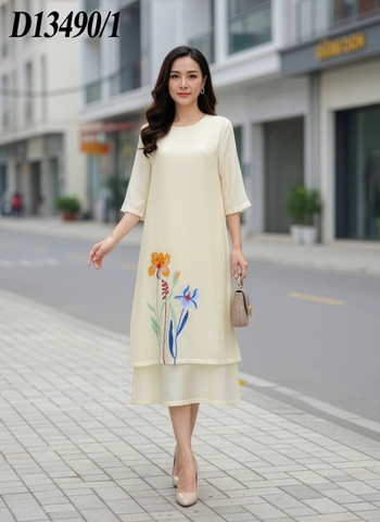 MCollection | Đầm Thường Ngày Phuom Suông Xốp Hàn Dài Qua Gối Thêu  D13490LW01