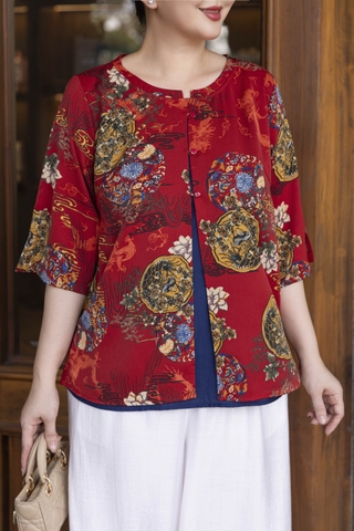 M COLLECTION | Áo Kiểu Nữ Trung Niên Tặng Mẹ Lụa Bông Hai Lớp Cổ Tròn Cài Nút Tay Lỡ Xẻ Tà A13256LW01