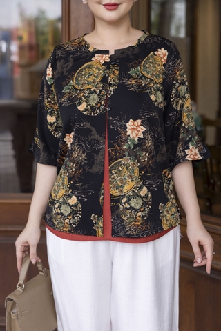 M COLLECTION | Áo Kiểu Nữ Trung Niên Tặng Mẹ Lụa Bông Hai Lớp Cổ Tròn Cài Nút Tay Lỡ Xẻ Tà A13256LW01