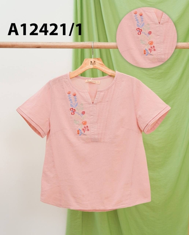 Áo Kiểu Linen Tay Ngắn Thêu Họa Tiết - A12421/1