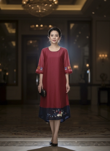 M COLLECTION | Váy Đầm Nữ Trung Niên Tặng Mẹ Cổ Tròn Vải Xốp Cát Thêu Hoa Tay Lỡ Sang Trọng D13445LW01