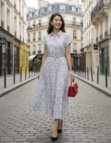 SWANLAKE | Váy Đầm Nữ Sơ Mi Cài Nút Tay Ngắn Vải Cotton Bông Dây Thắt Eo Dạo Phố Công Sở D13451LW01