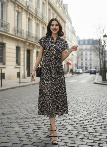 SWANLAKE | Váy Đầm Nữ Sơ Mi Cài Nút Tay Ngắn Vải Cotton Bông Dây Thắt Eo Dạo Phố Công Sở D13451LW01