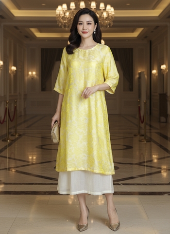 M COLLECTION | Váy Đầm Nữ Trung Niên Tặng Mẹ Suông Vải Xốp Hàn Phối Lụa Hoa Cổ Tròn Tay Lỡ D13447LW01