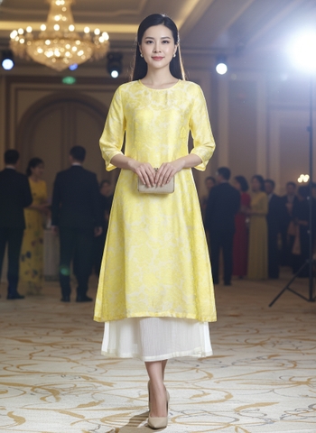 M COLLECTION | Váy Đầm Nữ Trung Niên Tặng Mẹ Suông Vải Xốp Hàn Phối Lụa Hoa Cổ Tròn Tay Lỡ D13447LW01