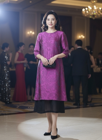 M COLLECTION | Váy Đầm Nữ Trung Niên Tặng Mẹ Suông Vải Xốp Hàn Phối Lụa Hoa Cổ Tròn Tay Lỡ D13447LW01