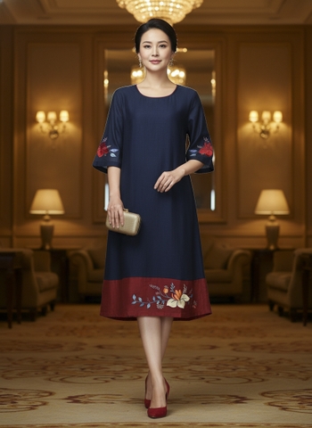 M COLLECTION | Váy Đầm Nữ Trung Niên Tặng Mẹ Cổ Tròn Vải Xốp Cát Thêu Hoa Tay Lỡ Sang Trọng D13445LW01