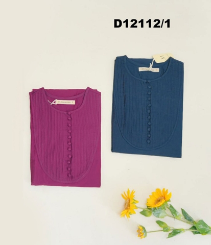 Đầm Thường Ngày Phom Suông Tơ Cotton Qua Gối Xếp Ly - D12112/1