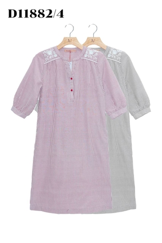 Đầm Tiệc Phom Suông Cotton Sọc Qua Gối Thêu Họa Tiết - D11882/4