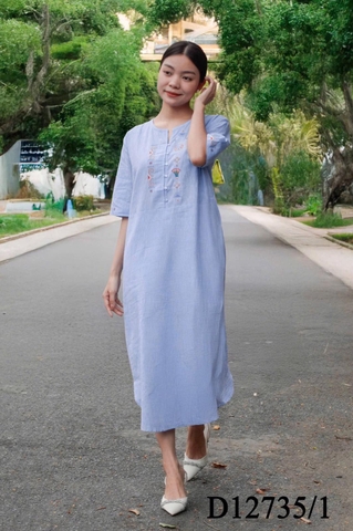 Đầm Thường Ngày Phom Suông Linen Maxi Thêu Họa Tiết - D12735/1