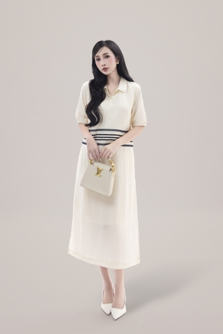 Váy Đầm Nữ Tay Ngắn Cổ Sơ Mi Vải Tơ Phối Ren Sọc Ngang Có Túi Công Dở Dạo Phố D13017LW01