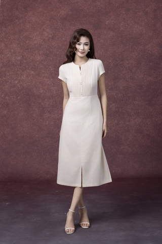 SWANLAKE | Váy Đầm Nữ Midi Cổ Chữ V Cài Nút Xếp Ly Vải Linen Tay Ngắn Thắt Eo Xẻ Tà Công Sở D13288LW01