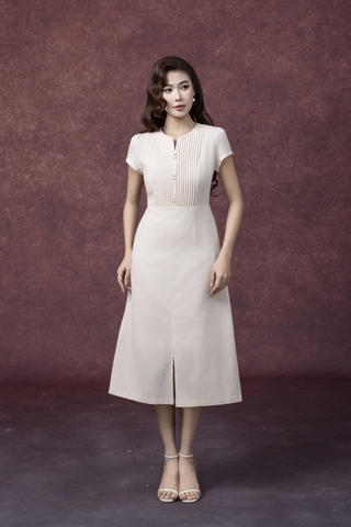 SWANLAKE | Váy Đầm Nữ Midi Cổ Chữ V Cài Nút Xếp Ly Vải Linen Tay Ngắn Thắt Eo Xẻ Tà Công Sở D13288LW01