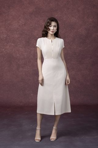 SWANLAKE | Váy Đầm Nữ Midi Cổ Chữ V Cài Nút Xếp Ly Vải Linen Tay Ngắn Thắt Eo Xẻ Tà Công Sở D13288LW01