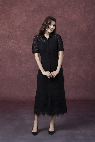 SWANLAKE | Váy Đầm Sơ Mi Nữ Vải Phối Ren Hoa 2 Lớp Chiết Eo Tay Ngắn Sang Trọng Đi Tiệc D13326LW01