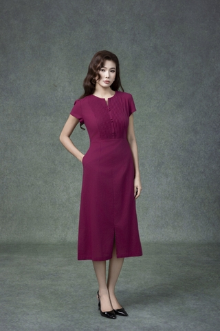 SWANLAKE | Váy Đầm Nữ Midi Cổ Chữ V Cài Nút Xếp Ly Vải Linen Tay Ngắn Thắt Eo Xẻ Tà Công Sở D13288LW01