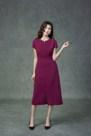 SWANLAKE | Váy Đầm Nữ Midi Cổ Chữ V Cài Nút Xếp Ly Vải Linen Tay Ngắn Thắt Eo Xẻ Tà Công Sở D13288LW01