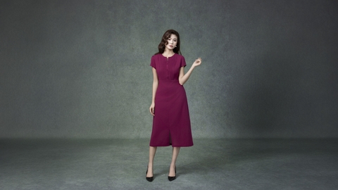 SWANLAKE | Váy Đầm Nữ Midi Cổ Chữ V Cài Nút Xếp Ly Vải Linen Tay Ngắn Thắt Eo Xẻ Tà Công Sở D13288LW01