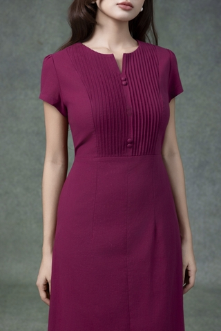 SWANLAKE | Váy Đầm Nữ Midi Cổ Chữ V Cài Nút Xếp Ly Vải Linen Tay Ngắn Thắt Eo Xẻ Tà Công Sở D13288LW01