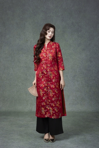 SWANLAKE | Áo Dài Cách Tân Nữ Phom Suông Cổ Chữ V Cài Nút Tay Lỡ Vải Gấm Tafta Hoa Tết L13371LW01