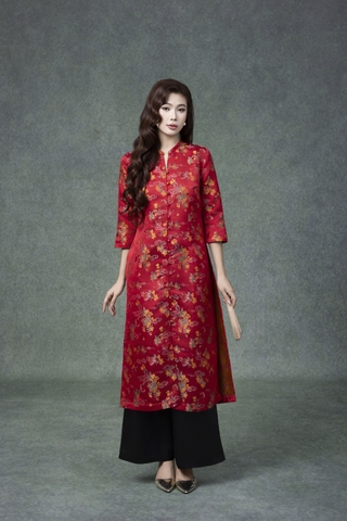 SWANLAKE | Áo Dài Cách Tân Nữ Phom Suông Cổ Chữ V Cài Nút Tay Lỡ Vải Gấm Tafta Hoa Tết L13371LW01