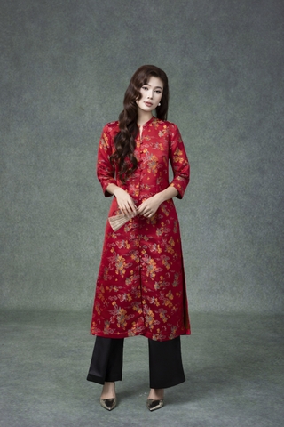 SWANLAKE | Áo Dài Cách Tân Nữ Phom Suông Cổ Chữ V Cài Nút Tay Lỡ Vải Gấm Tafta Hoa Tết L13371LW01