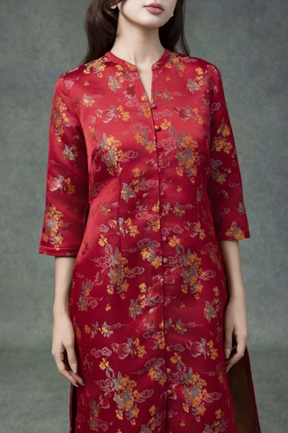 SWANLAKE | Áo Dài Cách Tân Nữ Phom Suông Cổ Chữ V Cài Nút Tay Lỡ Vải Gấm Tafta Hoa Tết L13371LW01