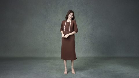 SWANLAKE | Váy Đầm Nữ Midi Suông Vải Linen Thêu Họa Tiết Cổ Tròn Tay Lỡ Có Túi Xẻ Tà Công Sở D13149LW01