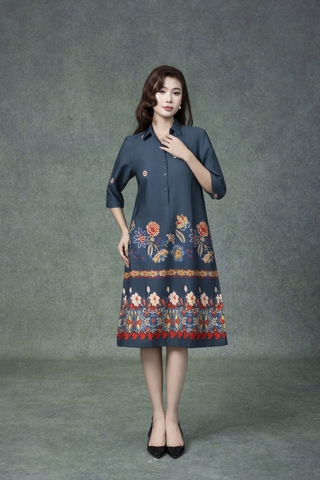 SWANLAKE | Váy Đầm Nữ Midi Tay Lỡ Cổ Sơ Mi Vải Lụa Dày In Hoa Có Túi Công Sở Dạo Phố D13263LW01